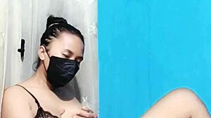 Big tits housewife in bikini masturbates with dildo on big pussy