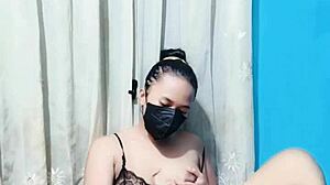 Big tits housewife in bikini masturbates with dildo on big pussy