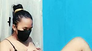 Big tits housewife in bikini masturbates with dildo on big pussy