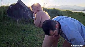 Thick blonde babe with big tits and ass gets fucked by muscular guy outdoors in the wild