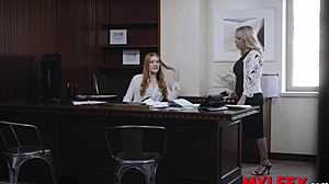 Hey, how about we introduce this new babe with some rough doggystyle threesome action on the office desk?