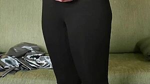 Photoshoot Featuring Hazel Ash In Shiny Button-Down And Yoga Pants Leggings