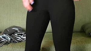 Photoshoot Featuring Hazel Ash In Shiny Button-Down And Yoga Pants Leggings