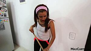 Does petite teen Laura clean the apt while handling cock in doggystyle pov?