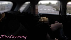 Slutty wife and her student get caught doggystyle in public parking lot with blowjob and handjob.