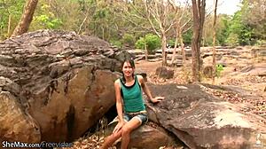 tiny tits ladyboy strips down outdoors and masturbates her hairy cock until cumshot