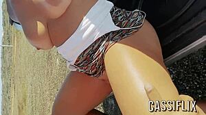 She teased the hot black guy until he fucked her right in the street inside the car. He pounded her ass hard until filling it with cum - full video on Cassiflix