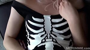 stunning asian 18yo teen in pink wig and leotard gets doggystyle fucked with facial cumshot in homemade pov