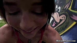 Contrast hairy Riley Jean mounting that huge dick outdoors in doggystyle blowjob.