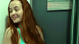 Red Eviee as busty stepsister caught spying on her stepbro