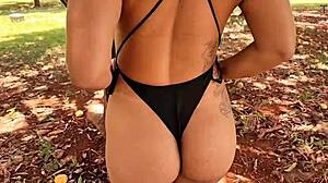 I flash my big tits and pierced nipples outdoors, then a muscular guy with big cock fucks my ass in public.