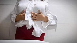 I'm a sexy horny office girl masturbating with big tits and tight pussy in the bathroom