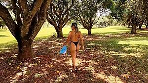 I flash my big tits and pierced nipples outdoors, then a muscular guy with big cock fucks my ass in public.