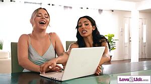 Hot latina sucking roommate's perky tits and getting pussy licked?