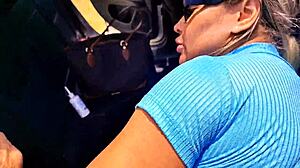 I flash my big tits and pierced nipples outdoors, then a muscular guy with big cock fucks my ass in public.