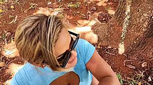 I flash my big tits and pierced nipples outdoors, then a muscular guy with big cock fucks my ass in public.