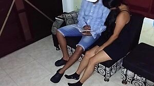 long hair latina student records seducing her english teacher in dorm. roommate watches as she teases him with sexy moves.