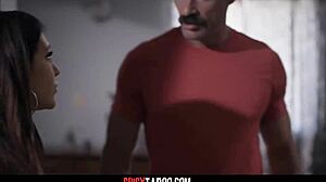 Cheating girlfriend bangs boyfriend's stepdad with deepthroat blowjob and hardcore sex