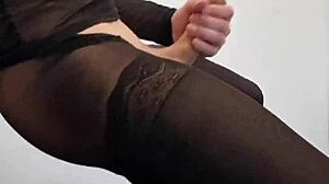 This tranny pulled out a massive cock, stroking it until cum exploded all over the pantyhose in a wild display