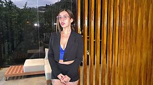 Recepcionista accepts money to get fucked hard in pussy with doggystyle and cowgirl riding leading to creampie squirting orgasm.