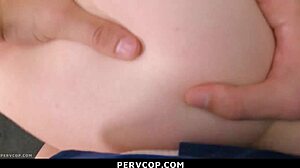 security officer escorts the suspected teen to his backroom for a thorough strip search. he catches her in the act and dominates her roughly.