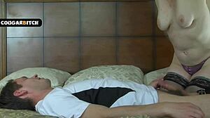 mature stepmom with saggy tits and glasses gets fucked doggystyle then swallows cum in stockings