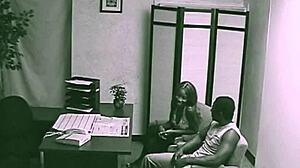 So this black couple was secretly banging with blowjobs and cumshots during their office meeting, caught on hidden cam.