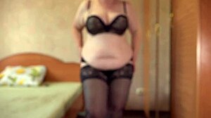 Curvy milf undresses for hairy pussy cum on bed with big ass boobs