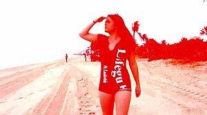 Lifeguard sucks big dick on public beach break