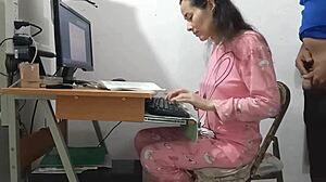 Oh wow, stepdad interrupts my work just to spill his cum on my pink pajamas in homemade sex!