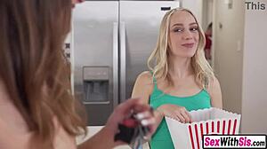 Tiny teen and bestie tempt stepbro into threesome blowjob and hardcore sex during casting interview