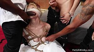 bride gets dominated in interracial gangbang with bound blonde submission and gaping holes