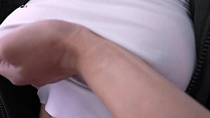 Oh wow, my busty girlfriend is role-playing in those sexy black stockings with footjob and kissing