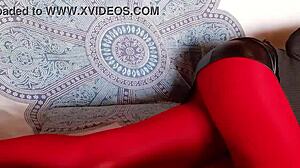 Will The Petite Milf With Beautiful Legs Tease In Red Pantyhose And Black Heels For Latina Fun?