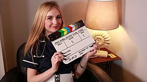 Imagine this gorgeous nurse in lingerie teasing with a sperm sample outdoors before a cumshot facial