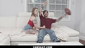 Stepsister grabs her stepbrother's cock for fun while watching TV 😏