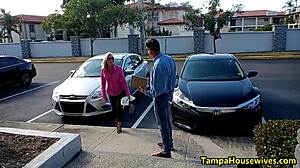 Blonde milf housewife in lingerie rides delivery boy in missionary for creampie