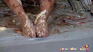 This busty mature blonde slut Dana Hayes gets horny with chocolate ice cream and cake all over her big tits and wet pussy