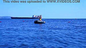 out on the boat cruising the volga river in a bikini with mature amateurs outdoors