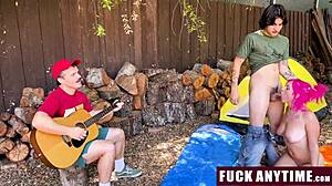 three boys freeusing the hot chick during their camping - fuckanytime