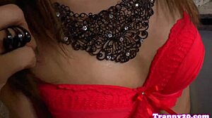 Amateur trans babe takes anal assfucking with cumshot in lingerie threeway group