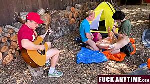 three boys freeusing the hot chick during their camping - fuckanytime