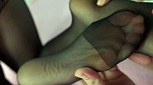 Oh wow, my busty girlfriend is role-playing in those sexy black stockings with footjob and kissing