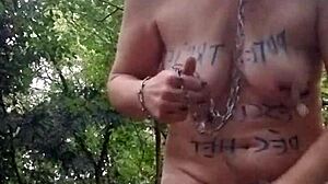 Bold Beauty Slave Bound In Forest Humiliation With Handcuffs And Chained Outdoor Masturbation