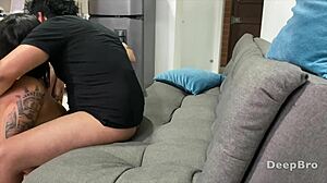 Two sexy girls slap asses and kiss before delivering wild double blowjob in pov backstage.