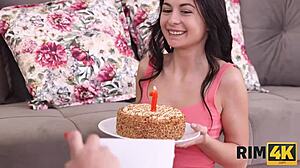 Teen 18+ petite lady eagerly licks her handsome lover's anus in rimjob session.