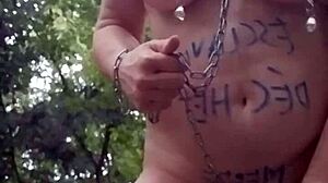 Bold Beauty Slave Bound In Forest Humiliation With Handcuffs And Chained Outdoor Masturbation
