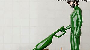 Guy activates a rotating machine on another guy. The device spins steadily in the setup.