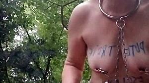 Bold Beauty Slave Bound In Forest Humiliation With Handcuffs And Chained Outdoor Masturbation