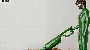 Guy activates a rotating machine on another guy. The device spins steadily in the setup.